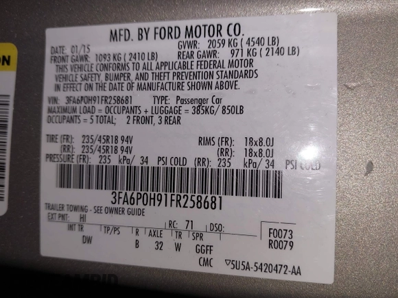 2015 Ford Fusion SE with VIN 3FA6P0H91FR258681, listed as a IAAI auction lot 42072439 with 102,171 mi miles and . Bid and sale history available at DreamBid. Image 9.