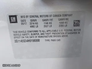 2017 Chevrolet Impala Premier with VIN 2G1145S34H9196998, listed as a IAAI auction lot 41860290 with 1 mi miles. Bid and sale history available at carsss.com. Image 9.