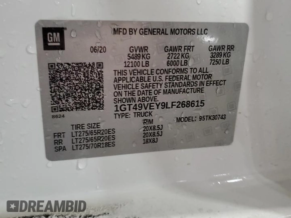 2020 GMC Sierra 3500HD AT4 z VIN 1GT49VEY9LF268615, wystawiony jako Copart lot #83497714 z przebiegiem Nie podano mil oraz Nie do naprawy. Historia ofert i sprzedaży dostępna na DreamBid. Obrazek 12.