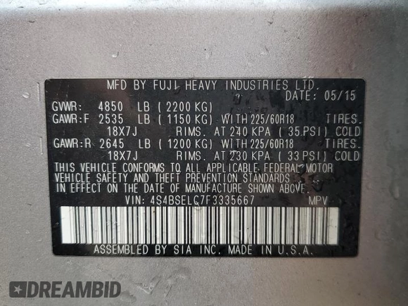 2015 Subaru Outback Limited z VIN 4S4BSELC7F3335667, wystawiony jako Copart lot #54059605 z przebiegiem Nie podano mil oraz Nie do naprawy • Non repairable. Historia ofert i sprzedaży dostępna na DreamBid. Obrazek 12.