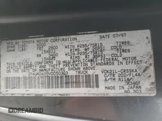 1997 Toyota T100 SR5 with VIN JT4UN24D9V0050303, listed as a Copart auction lot 68910134 with 281,477 mi miles and Salvage Title. Bid and sale history available at DreamBid. Image 12.