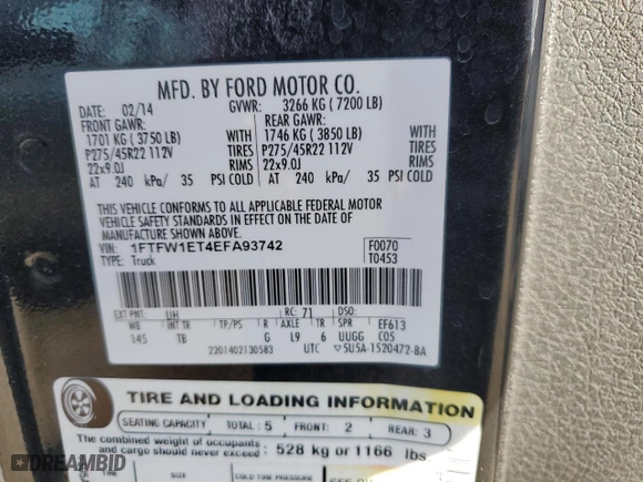 2014 Ford F-150 XL with VIN 1FTFW1ET4EFA93742, listed as a Copart auction lot 44382115 with 153,153 mi miles and Salvage Title. Bid and sale history available at carsss.com. Image 12.