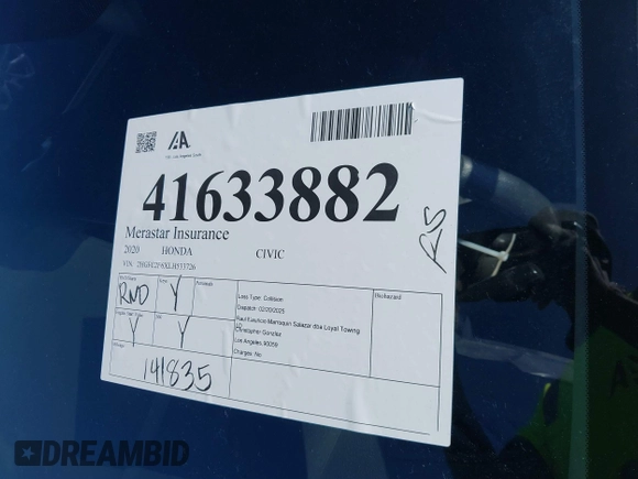 2020 Honda Civic LX with VIN 2HGFC2F6XLH533726, listed as a IAAI auction lot 41633882 with 141,835 mi miles and . Bid and sale history available at DreamBid. Image 17.