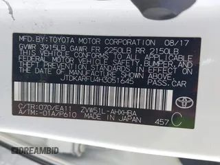 2017 Toyota Prius Two with VIN JTDKARFU4H3051645, listed as a IAAI auction lot 41991804 with 301,338 mi miles. Bid and sale history available at carsss.com. Image 9.