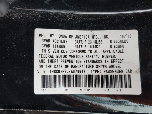 2014 Honda Accord Sport with VIN 1HGCR2F57EA070647, listed as a IAAI auction lot 41732469 with 167,146 mi miles and . Bid and sale history available at carsss.com. Image 9.