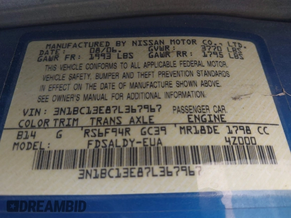 2007 Nissan Versa S z VIN 3N1BC13E87L367967, wystawiony jako IAAI lot #42412791 z przebiegiem 239 800 mil mil oraz . Historia ofert i sprzedaży dostępna na DreamBid. Obrazek 9.