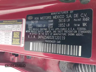 2018 Kia Rio LX with VIN 3KPA25AB3JE120119, listed as a IAAI auction lot 41298347 with 159,917 mi miles and . Bid and sale history available at DreamBid. Image 9.