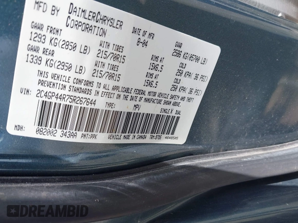 2005 Chrysler Town & Country LX with VIN 2C4GP44R75R267644, listed as a IAAI auction lot 42122611 with 107,802 mi miles and . Bid and sale history available at DreamBid. Image 9.