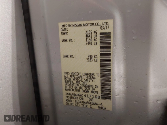 2017 Nissan Maxima S with VIN 1N4AA6AP6HC417168, listed as a IAAI auction lot 41997653 with 108,150 mi miles and . Bid and sale history available at DreamBid. Image 9.