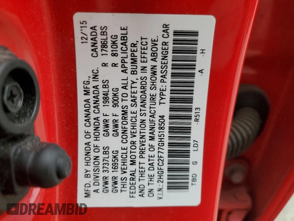 2016 Honda Civic EX with VIN 2HGFC2F77GH518504, listed as a Copart auction lot 53779945 with 158,932 mi miles and Salvage Title. Bid and sale history available at DreamBid. Image 12.