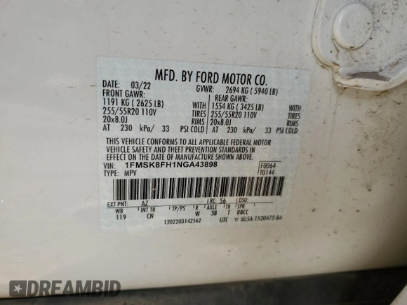 2022 Ford Explorer Limited with VIN 1FMSK8FH1NGA43898, listed as a Copart auction lot 87328924 with 37,273 mi miles and Salvage Title. Bid and sale history available at carsss.com. Image 15.