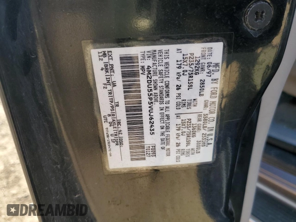 1997 Mercury Mountaineer with VIN 4M2DU55P5VUJ62435, listed as a Copart auction lot 60163465 with 105,646 mi miles and Salvage title. Bid and sale history available at DreamBid. Image 13.