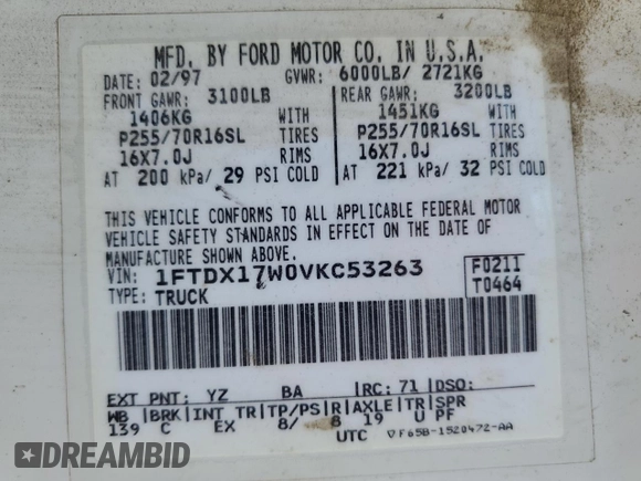 1997 Ford F-150 with VIN 1FTDX17W0VKC53263, listed as a Copart auction lot 57114475 with 220,496 mi miles and Non repairable. Bid and sale history available at DreamBid. Image 12.
