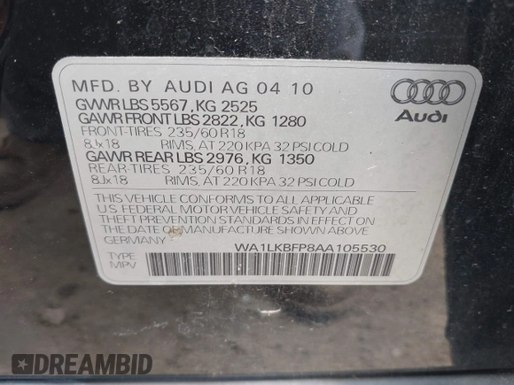 2010 Audi Q5 with VIN WA1LKBFP8AA105530, listed as a IAAI auction lot 42757875 with 90,579 mi miles and . Bid and sale history available at DreamBid. Image 9.