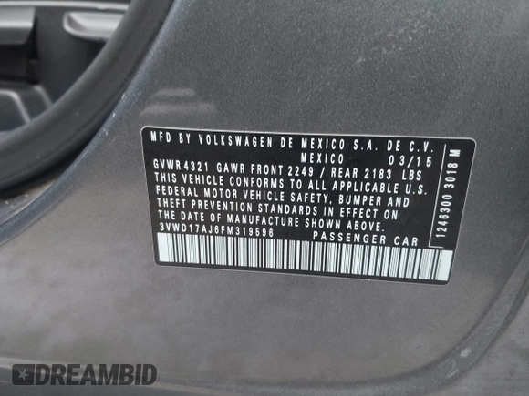 2015 Volkswagen Jetta Sport with VIN 3VWD17AJ6FM319596, listed as a IAAI auction lot 41370591 with 92,818 mi miles and . Bid and sale history available at DreamBid. Image 9.