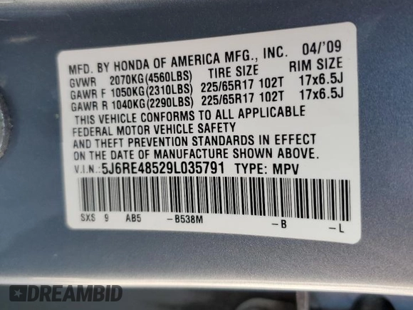 2009 Honda CR-V EX with VIN 5J6RE48529L035791, listed as a Copart auction lot 54970885 with 282,884 mi miles and Clean Title. Bid and sale history available at carsss.com. Image 13.