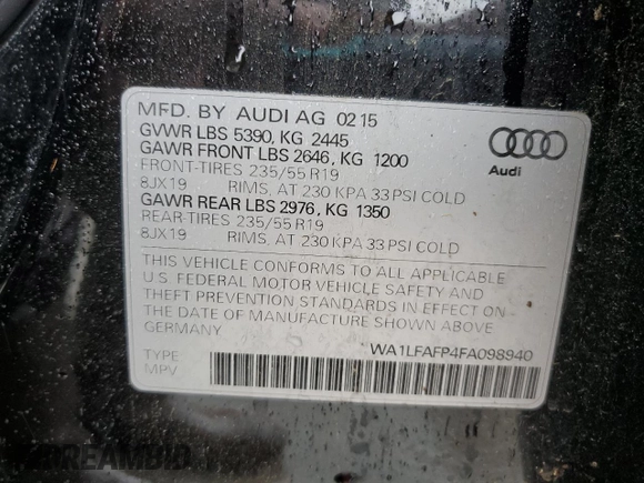 2015 Audi Q5 Premium Plus with VIN WA1LFAFP4FA098940, listed as a Copart auction lot 54415545 with 47,432 mi miles and Clean title. Bid and sale history available at DreamBid. Image 13.