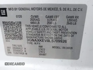 2020 Chevrolet Equinox LT with VIN 3GNAXKEV8LS709926, listed as a IAAI auction lot 41864820 with 59,093 mi miles and . Bid and sale history available at carsss.com. Image 9.