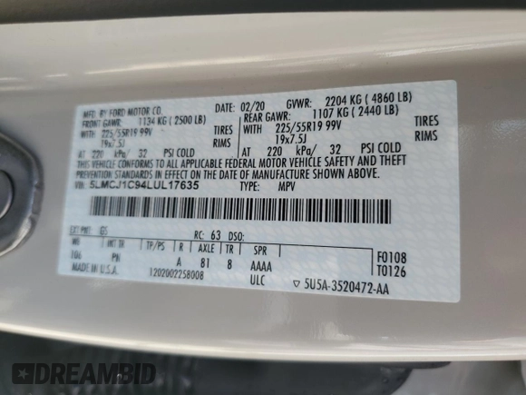 2020 Lincoln Corsair Standard z VIN 5LMCJ1C94LUL17635, wystawiony jako Copart lot #53818835 z przebiegiem 69 490 mil mil oraz Szkoda całkowita • Salvage title. Historia ofert i sprzedaży dostępna na DreamBid. Obrazek 12.