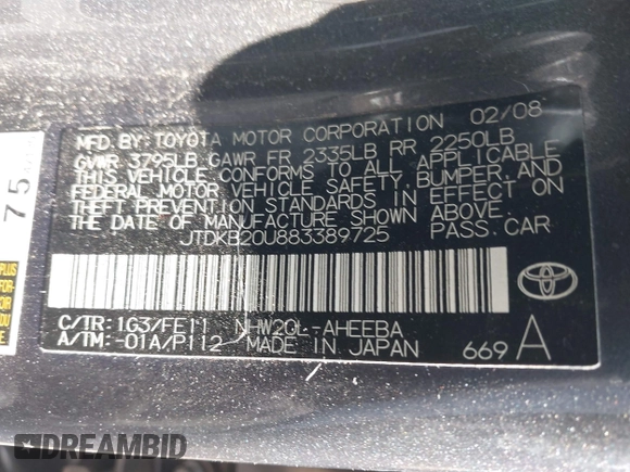 2008 Toyota Prius with VIN JTDKB20U883389725, listed as a IAAI auction lot 42021487 with 132,914 mi miles. Bid and sale history available at carsss.com. Image 9.