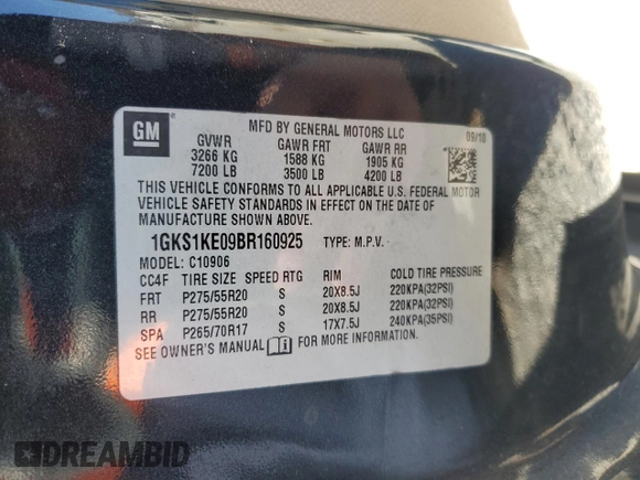 2011 GMC Yukon XL SLT with VIN 1GKS1KE09BR160925, listed as a Copart auction lot 46185765 with 210,428 mi miles and Clean Title. Bid and sale history available at DreamBid. Image 13.