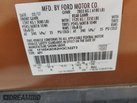2017 Ford Explorer XLT с VIN 1FM5K8D82HGC32273, выставлен на аукционе Copart как лот 58720445 с пробегом 151 823 миль миль и Списание • Salvage title. История ставок и продаж доступна на DreamBid. Изображение 14.
