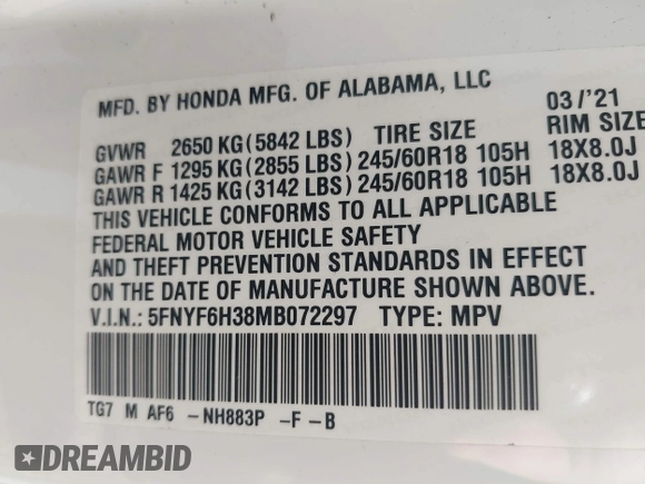 2021 Honda Pilot EX with VIN 5FNYF6H38MB072297, listed as a IAAI auction lot 42561276 with 119,172 mi miles and . Bid and sale history available at DreamBid. Image 9.