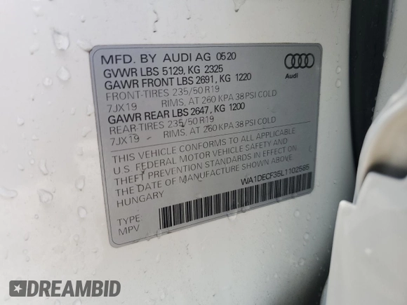 2020 Audi Q3 S line Premium with VIN WA1DECF35L1102585, listed as a Copart auction lot 55973165 with 29,664 mi miles and Non repairable. Bid and sale history available at DreamBid. Image 13.