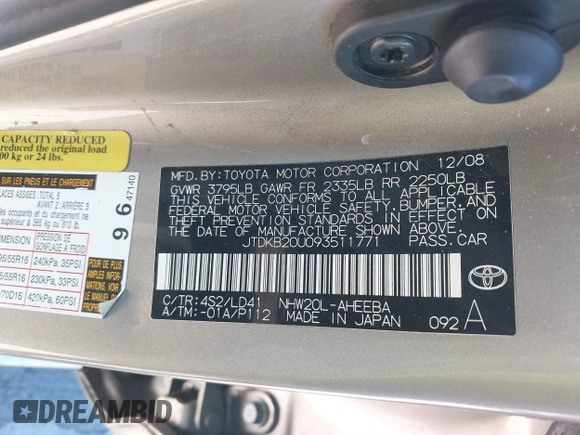2009 Toyota Prius with VIN JTDKB20U093511771, listed as a IAAI auction lot 41546275 with 172,084 mi miles and . Bid and sale history available at DreamBid. Image 9.