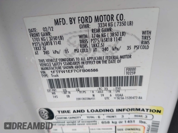 2012 Ford F-150 XL with VIN 1FTFW1EF7CFB06586, listed as a IAAI auction lot 42075498 with 167,391 mi miles and . Bid and sale history available at DreamBid. Image 9.