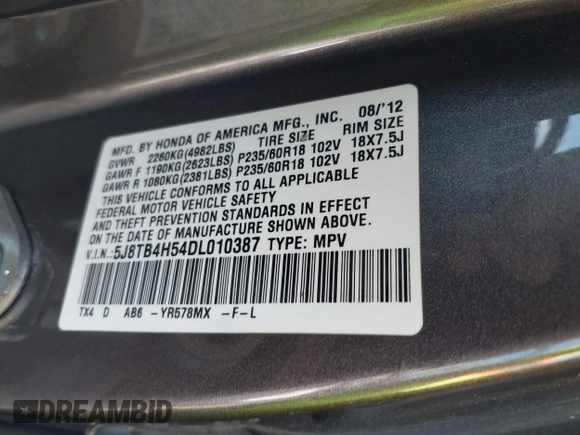 2013 Acura RDX Technology with VIN 5J8TB4H54DL010387, listed as a IAAI auction lot 42151219 with 151,000 mi miles and . Bid and sale history available at DreamBid. Image 9.