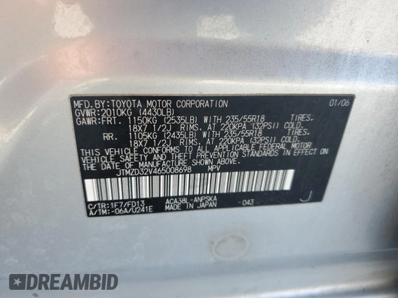 2006 Toyota RAV4 Sport with VIN JTMZD32V465008698, listed as a Copart auction lot 61179785 with 212,690 mi miles and Clean title. Bid and sale history available at DreamBid. Image 12.