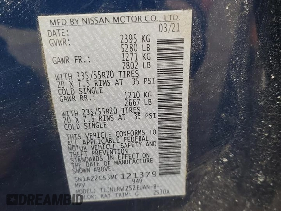 2021 Nissan Murano SL with VIN 5N1AZ2CS3MC121379, listed as a Copart auction lot 44755355 with 34,599 mi miles and Salvage Title. Bid and sale history available at DreamBid. Image 12.