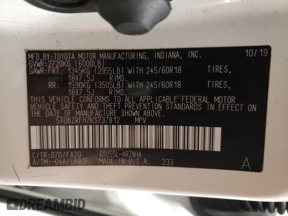 2019 Toyota Highlander LE with VIN 5TDBZRFH7KS737812, listed as a Copart auction lot 42648664 with 42,251 mi miles and Non repairable. Bid and sale history available at DreamBid. Image 13.