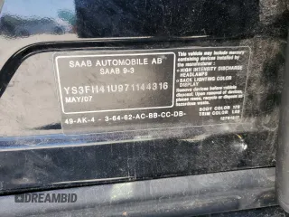2007 Saab 9-3 Aero z VIN YS3FH41U971144316, wystawiony jako Copart lot #58774164 z przebiegiem Nie podano mil oraz Nie do naprawy • Non repairable. Historia ofert i sprzedaży dostępna na DreamBid. Obrazek 12.