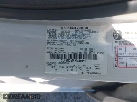 2009 Lincoln MKZ with VIN 3LNHM26T59R610490, listed as a IAAI auction lot 42029239 with 39,539 mi miles and . Bid and sale history available at DreamBid. Image 9.