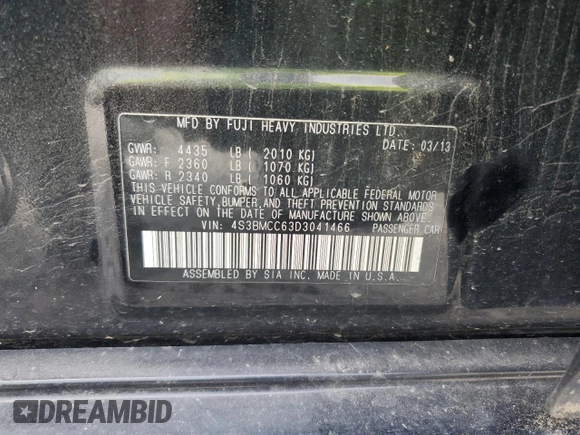 2013 Subaru Legacy Premium with VIN 4S3BMCC63D3041466, listed as a Copart auction lot 59883105 with 90,345 mi miles and Salvage title. Bid and sale history available at DreamBid. Image 12.