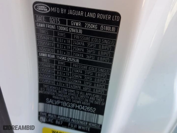 2015 Land Rover Range Rover Evoque Pure Plus with VIN SALVP1BG3FH042652, listed as a Copart auction lot 83872704 with 102,144 mi miles and Salvage Title. Bid and sale history available at carsss.com. Image 14.