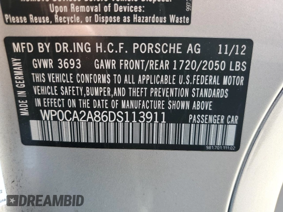 2013 Porsche Boxster z VIN WP0CA2A86DS113911, wystawiony jako Copart lot #58456454 z przebiegiem 101 149 mil mil oraz Szkoda całkowita • Salvage title. Historia ofert i sprzedaży dostępna na DreamBid. Obrazek 15.