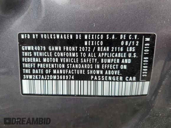 2013 Volkswagen Jetta S with VIN 3VW2K7AJ2DM368974, listed as a Copart auction lot 50562475 with 172,691 mi miles and Salvage title. Bid and sale history available at DreamBid. Image 14.