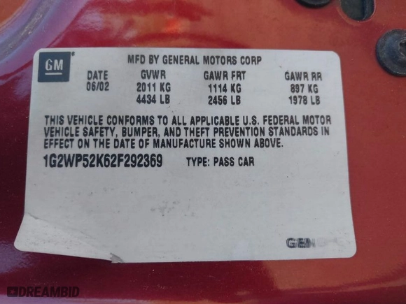 2002 Pontiac Grand Prix GT with VIN 1G2WP52K62F292369, listed as a IAAI auction lot 41872474 with 218466 miles. Bid and sale history available at carsss.com. Image 9.