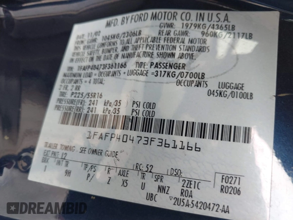 2003 Ford Mustang Standard with VIN 1FAFP40473F361166, listed as a IAAI auction lot 42616536 with 162,097 mi miles and . Bid and sale history available at DreamBid. Image 9.