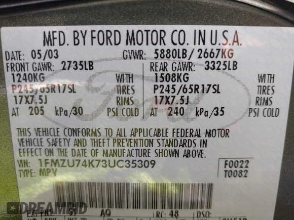 2003 Ford Explorer Eddie Bauer with VIN 1FMZU74K73UC35309, listed as a IAAI auction lot 41565422 with 100,990 mi miles and . Bid and sale history available at DreamBid. Image 9.