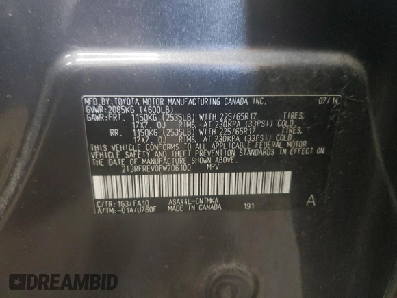 2014 Toyota RAV4 XLE with VIN 2T3RFREV0EW206100, listed as a Copart auction lot 53359865 with 0 mi miles and Salvage Title. Bid and sale history available at carsss.com. Image 15.