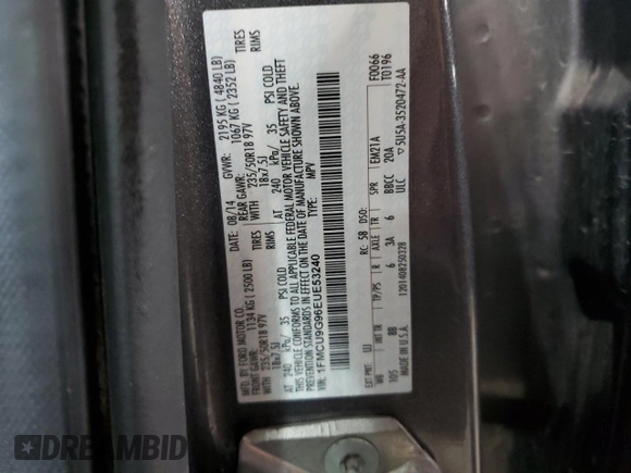 2014 Ford Escape SE with VIN 1FMCU9G96EUE53240, listed as a Copart auction lot 51920455 with 180,948 mi miles and Salvage Title. Bid and sale history available at DreamBid. Image 15.