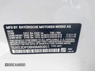 2022 BMW X3 xDrive30i with VIN 5UX53DP08N9M80851, listed as a IAAI auction lot 40173357 with 18,889 mi miles and . Bid and sale history available at DreamBid. Image 9.