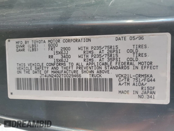 1996 Toyota T100 SR5 z VIN JT4UN24D2T0029466, wystawiony jako Copart lot #57122945 z przebiegiem 421 207 mil mil oraz Szkoda całkowita • Salvage title. Historia ofert i sprzedaży dostępna na DreamBid. Obrazek 12.