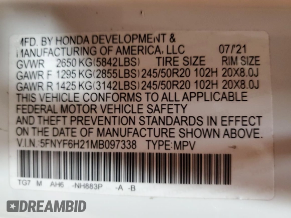 2021 Honda Pilot Special Edition z VIN 5FNYF6H21MB097338, wystawiony jako Copart lot #50345575 z przebiegiem 40 928 mil mil oraz Szkoda całkowita • Salvage title. Historia ofert i sprzedaży dostępna na DreamBid. Obrazek 15.