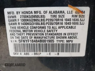 2004 Honda Pilot EX with VIN 5FNYF18484B001905, listed as a IAAI auction lot 42224000 with 254,787 mi miles and . Bid and sale history available at carsss.com. Image 9.