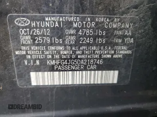 2013 Hyundai Azera with VIN KMHFG4JG5DA218746, listed as a Copart auction lot 72561934 with 75,663 mi miles and Salvage Title. Bid and sale history available at carsss.com. Image 12.